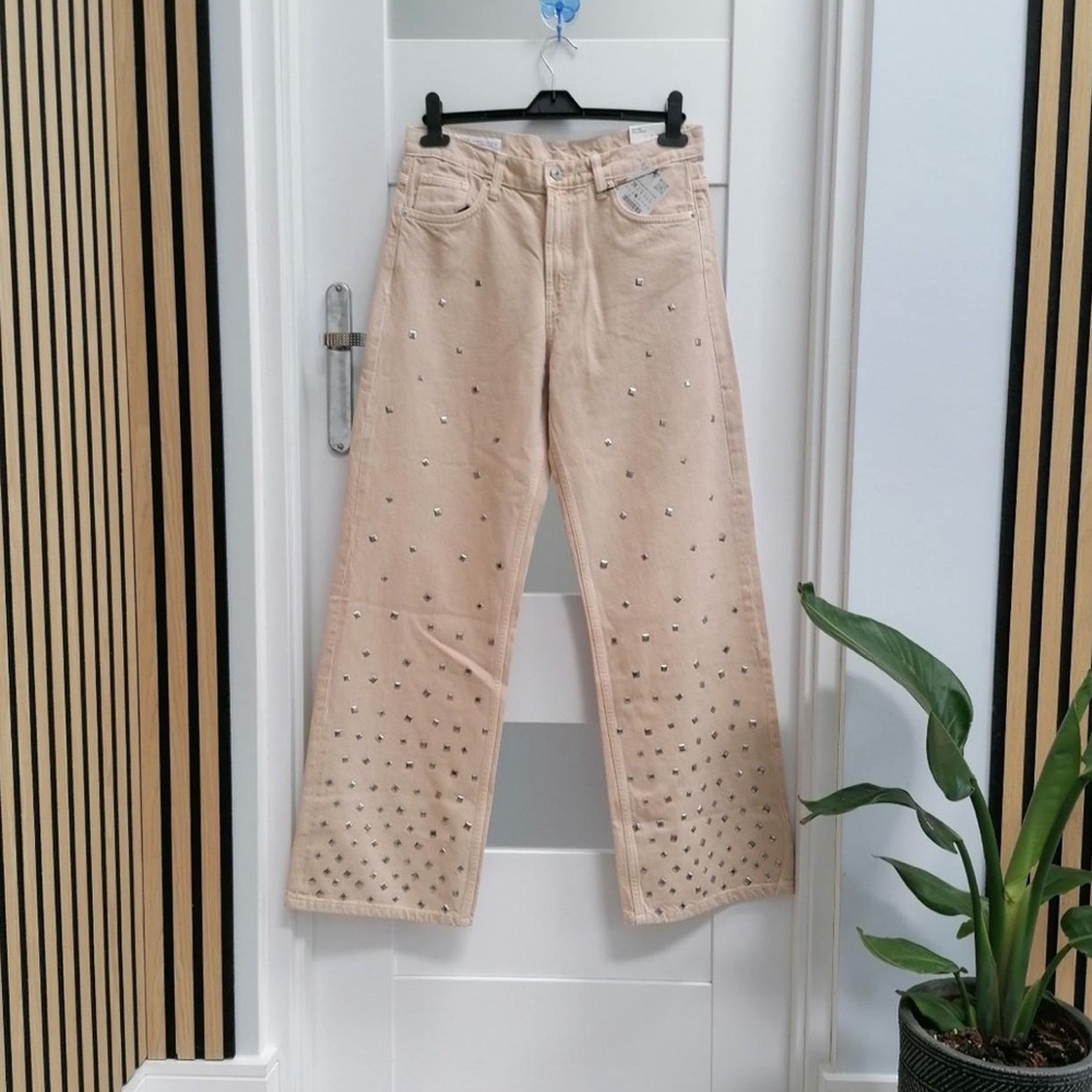 Women’s Embellished Beige Wide-Leg Jeans